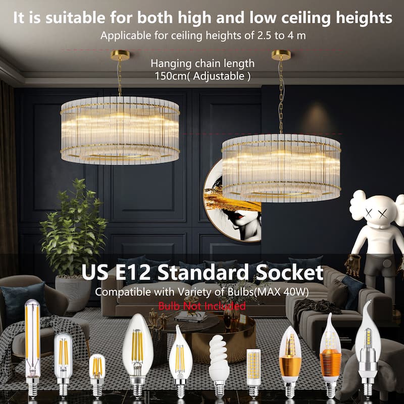 37" Gold Round Chandelier, 2-Tier 8-Light Water Ripple Crystal Glass Chandeliers for Dining Room,Living Room