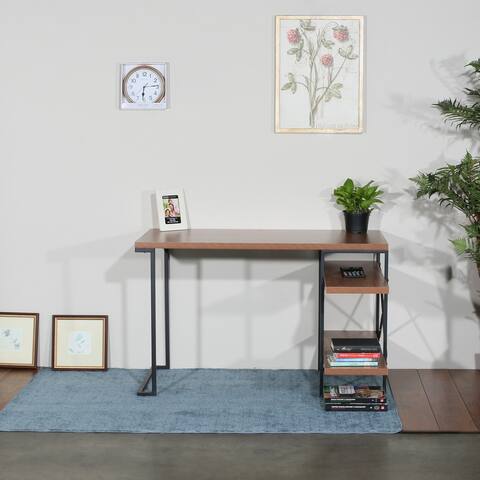 L - Shaped Home Office Desk with 2 Walnut Shelves