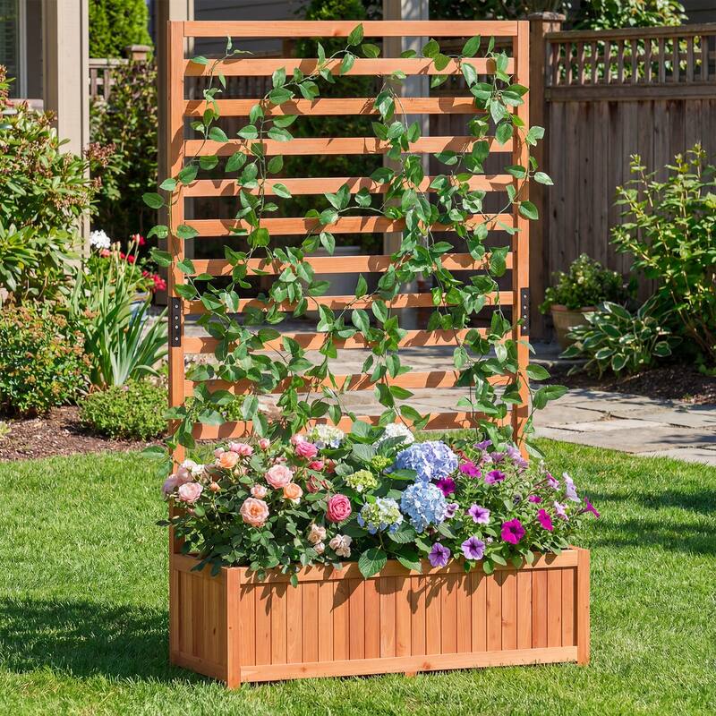 Gymax Wooden Raised Garden Bed w/ Vertical Trellis Liner Drainage