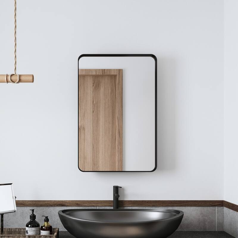Recessed Black Metal Framed Medicine Cabinet with Mirror, Adjustable Shelves, Wall Mirror Storage for Bathroom