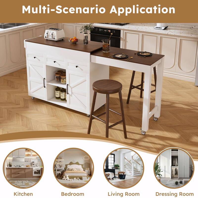 Kitchen Island Cart with Extendable Table, Wheels, Drop Leaf & Storage