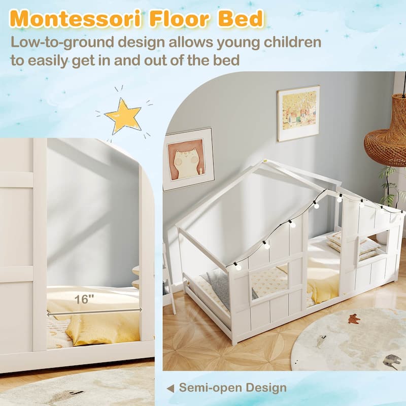 Costway Twin Size House Floor Bed with LED Lights Solid Wood Bed Frame