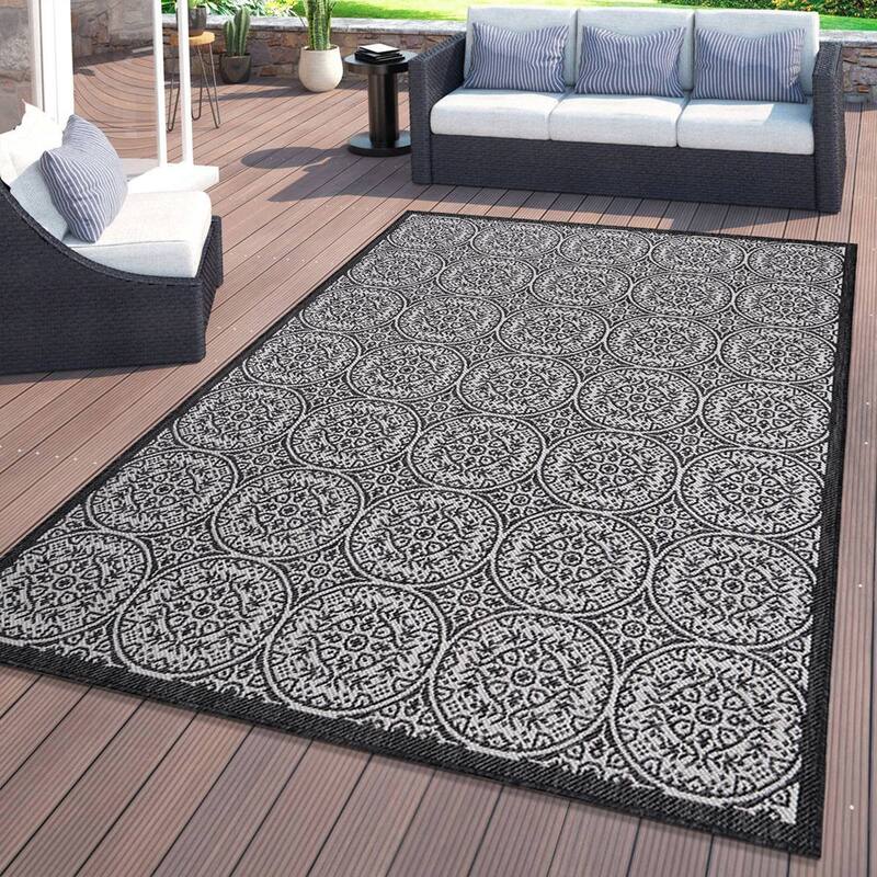 World Rug Gallery Transitional Floral Circles Textured Flat Weave Indoor/Outdoor Area Rug - 7'10"X10' - Black