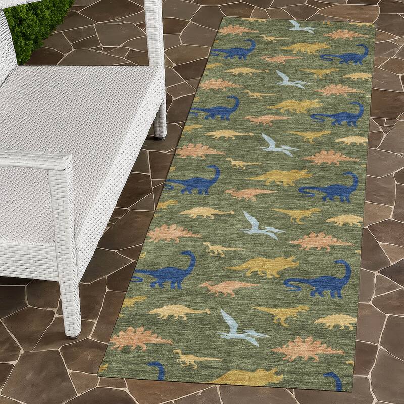 Machine Washable Indoor/ Outdoor Modern Dinosaur Chantille Rug - Olive - 2'3" x 7'6"