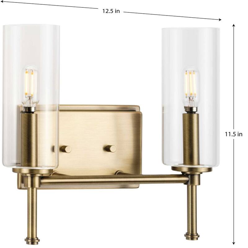 Elara Collection Two-Light Vintage Brass Clear Glass Bath Vanity Light - 12.5 in x 5.12 in x 11.5 in