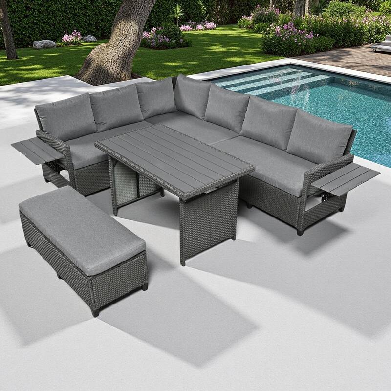 5-Piece Outdoor Rattan Sectional Sofa Set with Dining Table, Bench, and 2 Extendable Side Tables - Gray