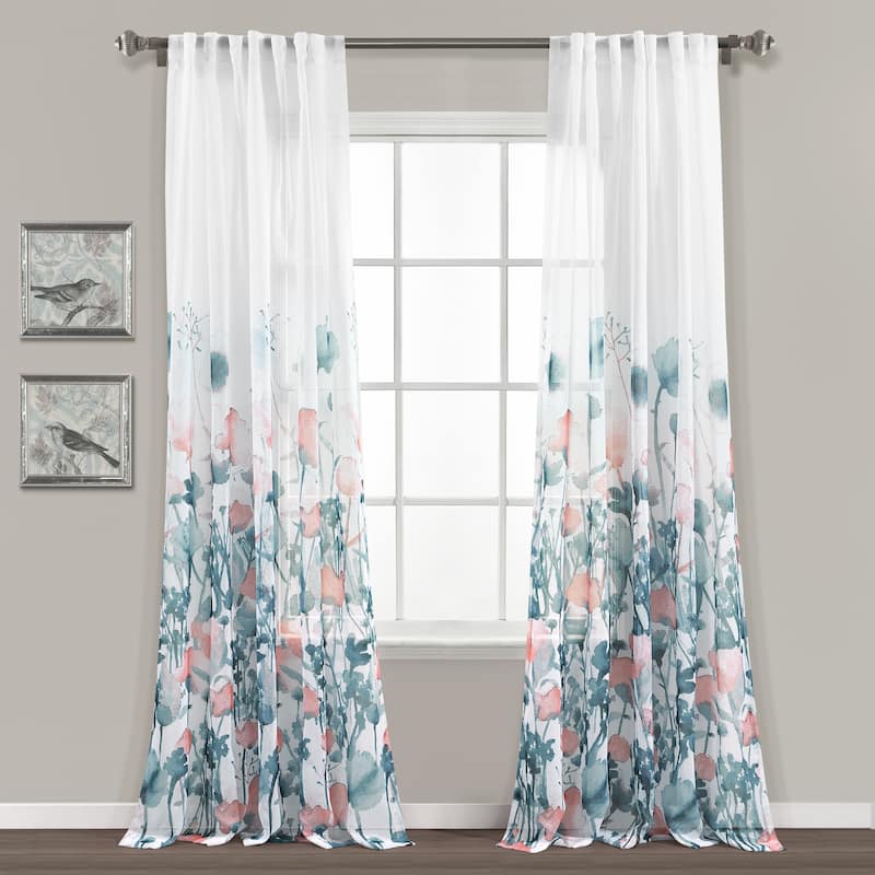 Lush Decor Zuri Flora Sheer Window Curtain Panel Pair - Blue & Coral - 84 Inches
