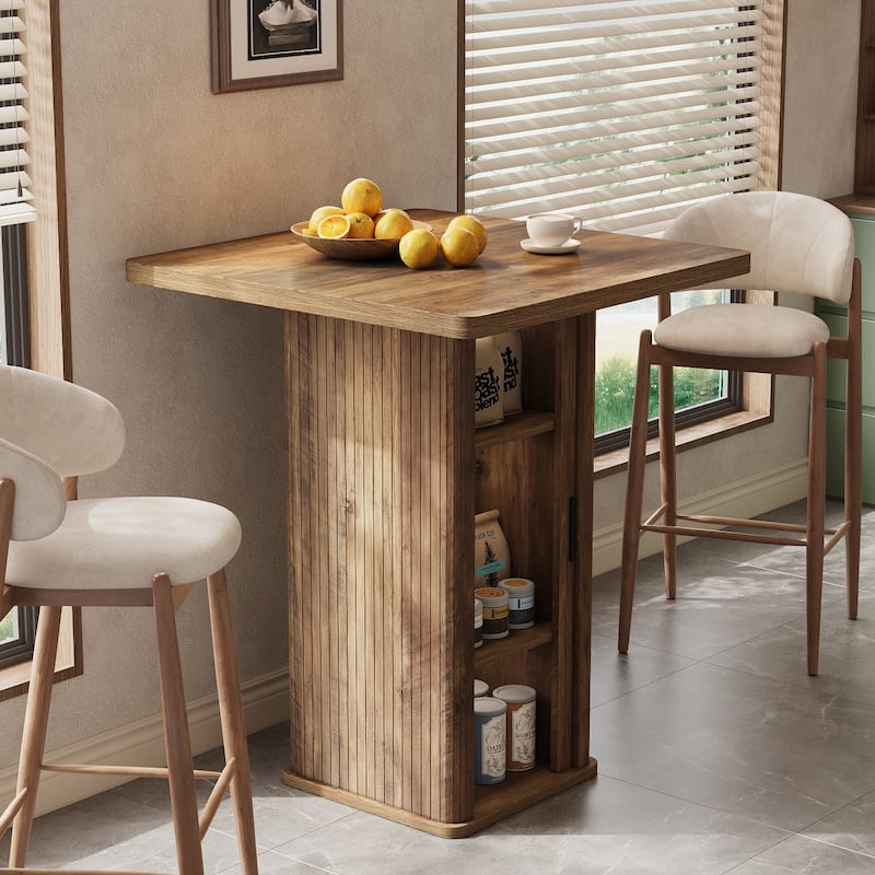 27.6" Square Bar Table with 3-Tier Hidden Storage and Sliding Doors - Rustic Brown