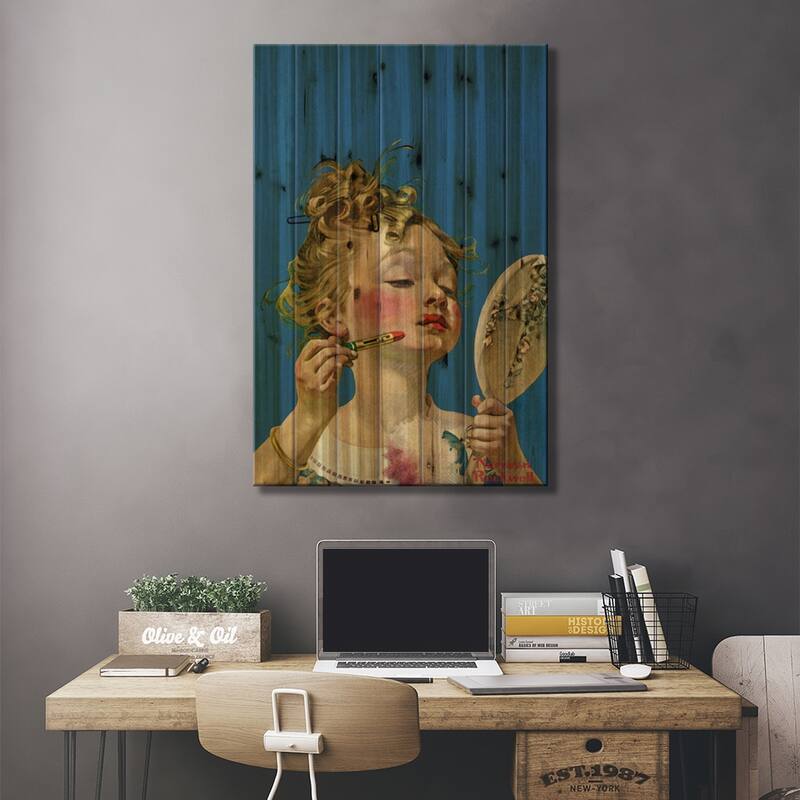Little Girl with Lipstick Print On Wood by Norman Rockwell - Multi-Color