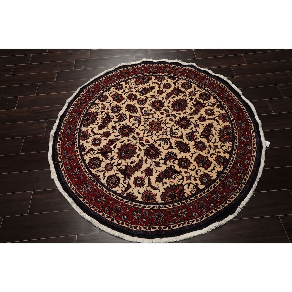 5'1''x5'1" Ivory Bidjar Round Rug 250 KPSI Wool & Silk Botanical Motif - 5' 1'' x 5' 1''-Round