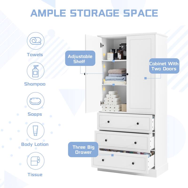Modern Bathroom Cabinet with Adjustable Shelves, Doors & 3 Large Drawers, Tall Linen Tower for Towels & Toiletries, White