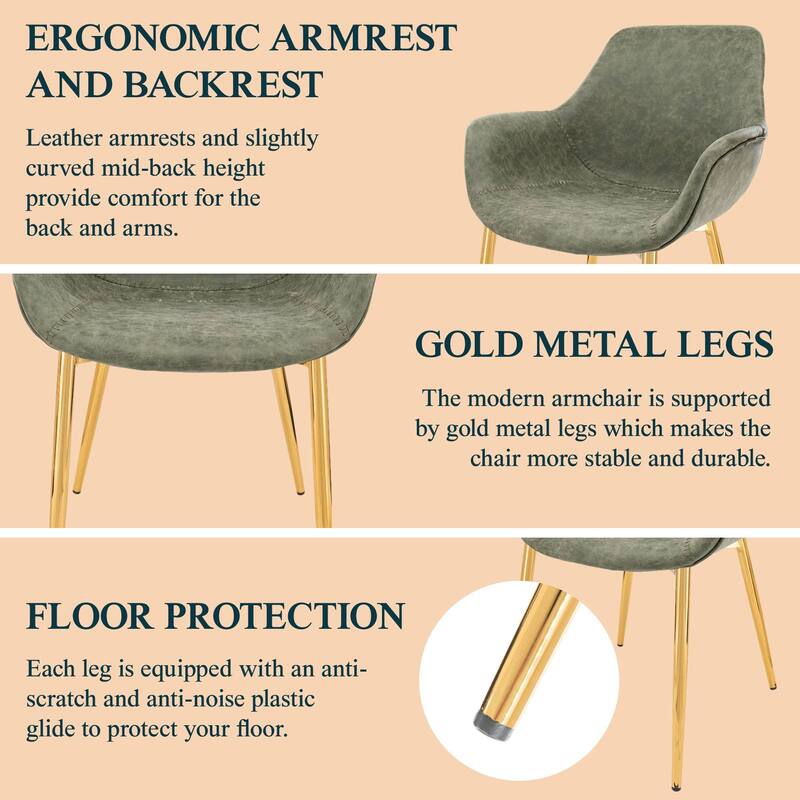 Markley Modern Leather Dining Armchair Set of 4 With Gold Metal Legs Accent Side Chair