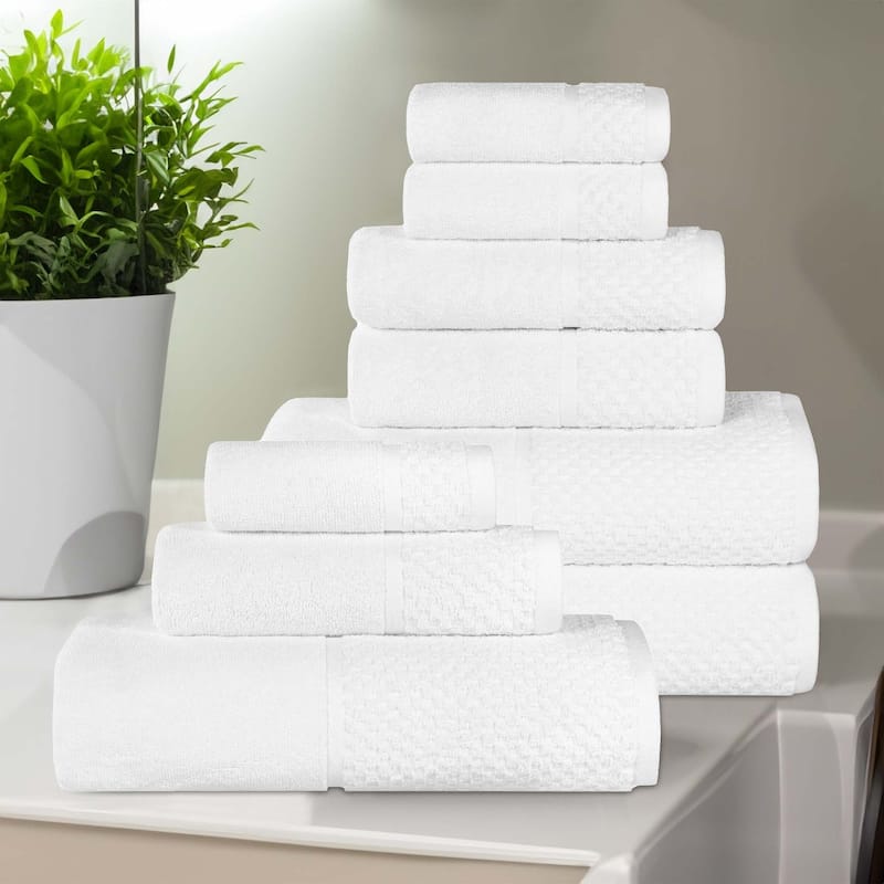 Superior Lodie Cotton Jacquard Solid and Two-Toned 9 Piece Towel Set - White/White
