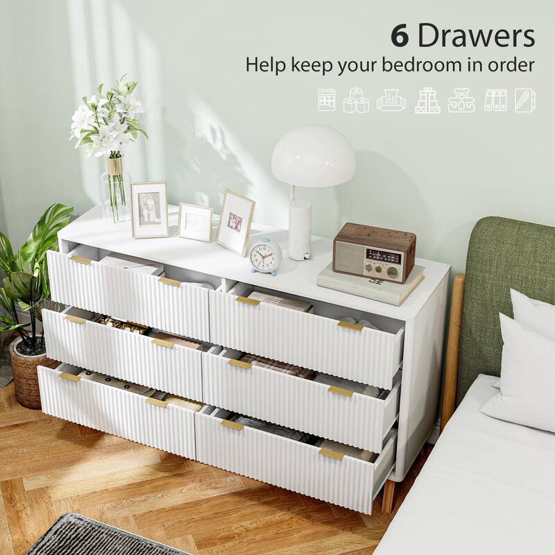 HOMCOM Fluted Dresser for Bedroom with 6 Drawers, 54" Wide Chest of Drawers with Gold Finger Pulls and 5 Wood Legs