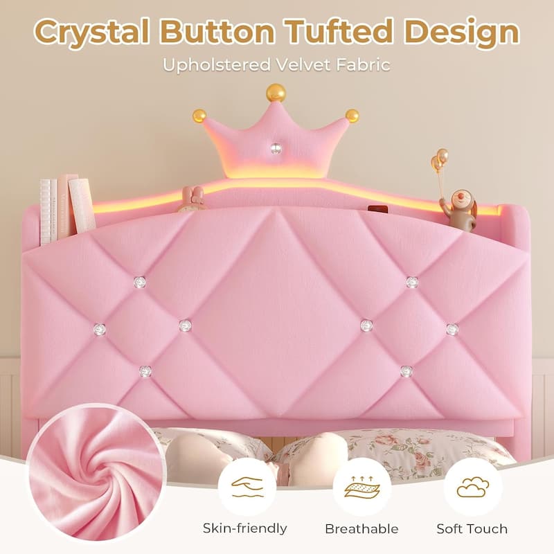 Princess Upholstered Bed with Headboard Charging Station Crystal Button Crown