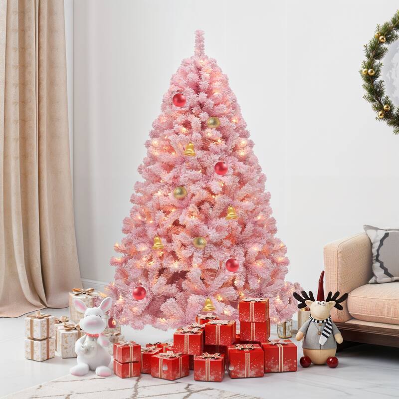 6/7.5 Ft Prelit Pink Flocked Spruce Christmas Tree