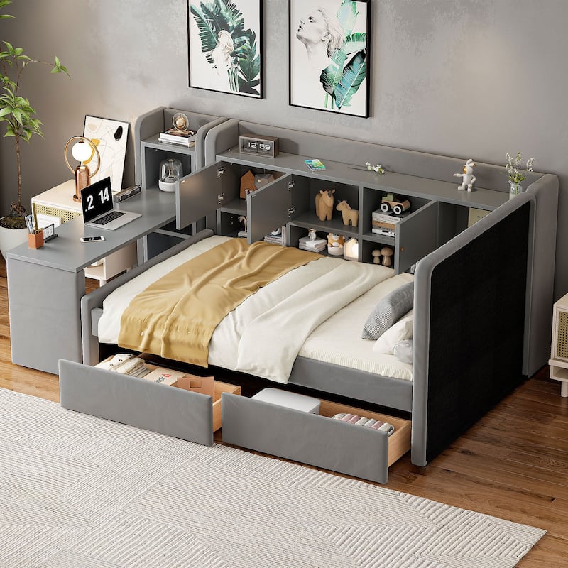 Twin Size Upholstered Daybed with 2 Drawers and Side Table, Velvet Fabric Sofa Bed Frame with All in One Cabinet and Shelves