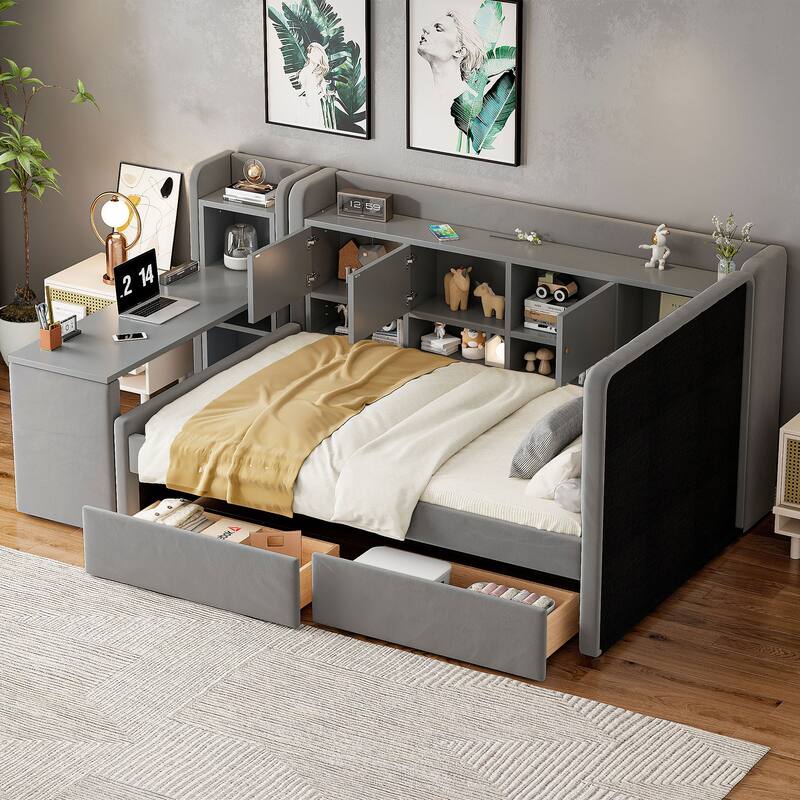 Twin Upholstered Daybed with Drawers, Shelves, Flip Cabinets & Side Table in Gray