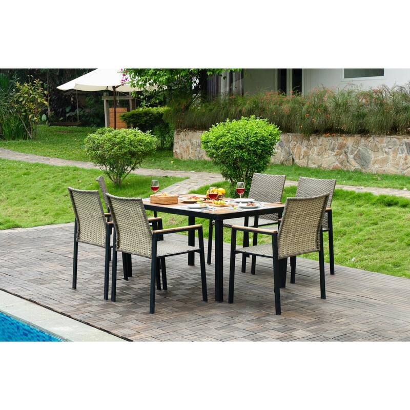 All Weather 7-Piece Patio Dining Table Sets, Patio Conversation Set Acacia Wood Table Top with Umbrella Hole