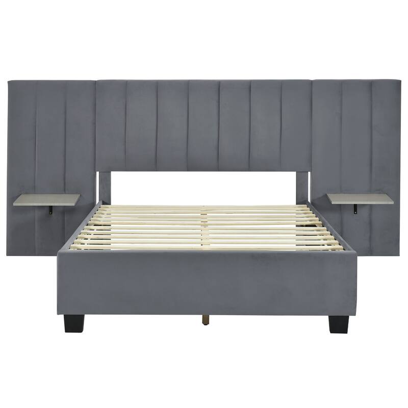 Modern Velvet Upholstered Platform Bed with Large Headboard