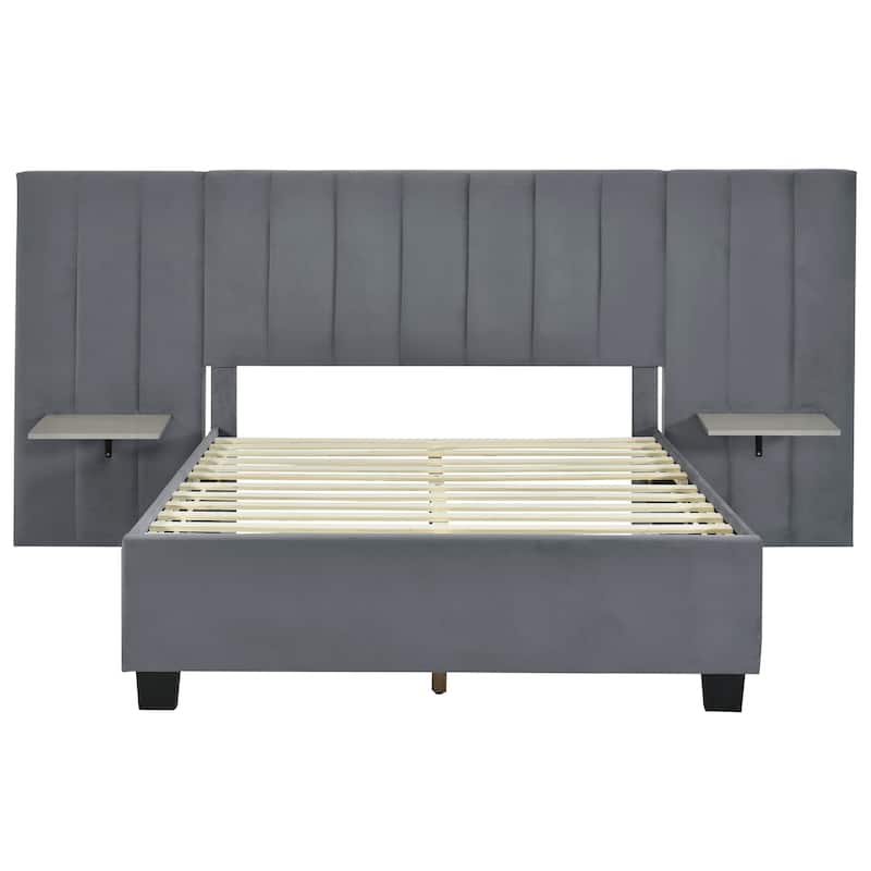 Platform Bed with Oversized Headboard, 2 Shelves, Velvet