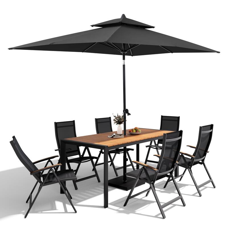 9-Piece Outdoor Patio Dining Set Wood Like Aluminum Umbrella Hole Table with Folding Chairs, Market Umbrella and Base