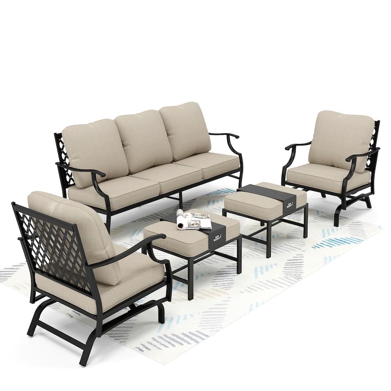 MAISON ARTS Patio Conversation Sets 5/7/9-Seat, Sofa Set with 2 Single Sofa Chairs, 3-Seater Sofa, Ottoman and Coffee Table - 5-Piece - Set 3-Rocking Chairs with Ottoman