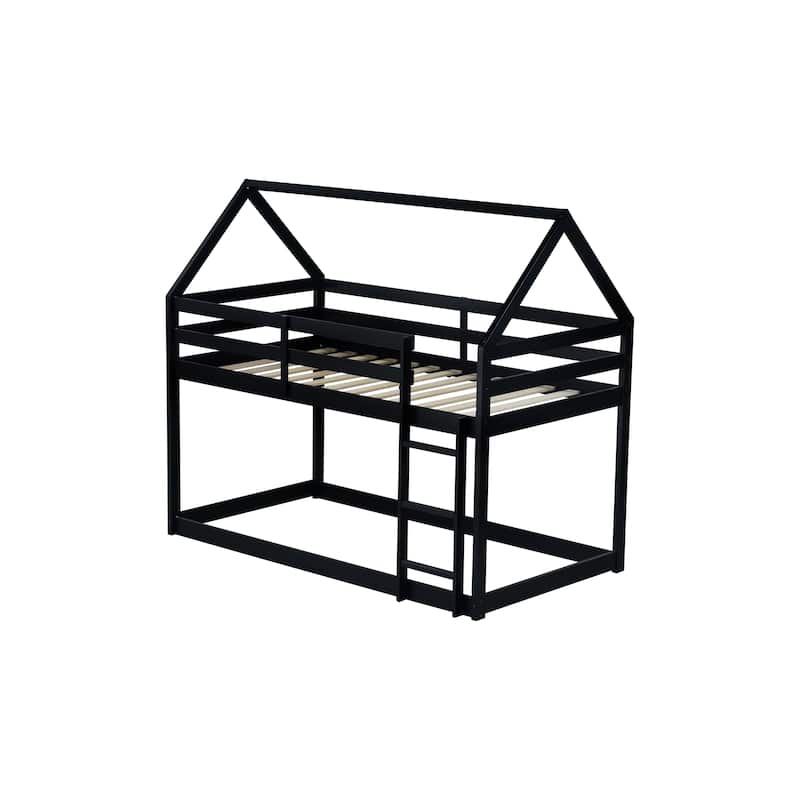 Twin over Twin Rubber Wood Floor Bunk Bed with Ladder, Guardrails, and House-Shaped Design, Pink Kids Bunk Bed
