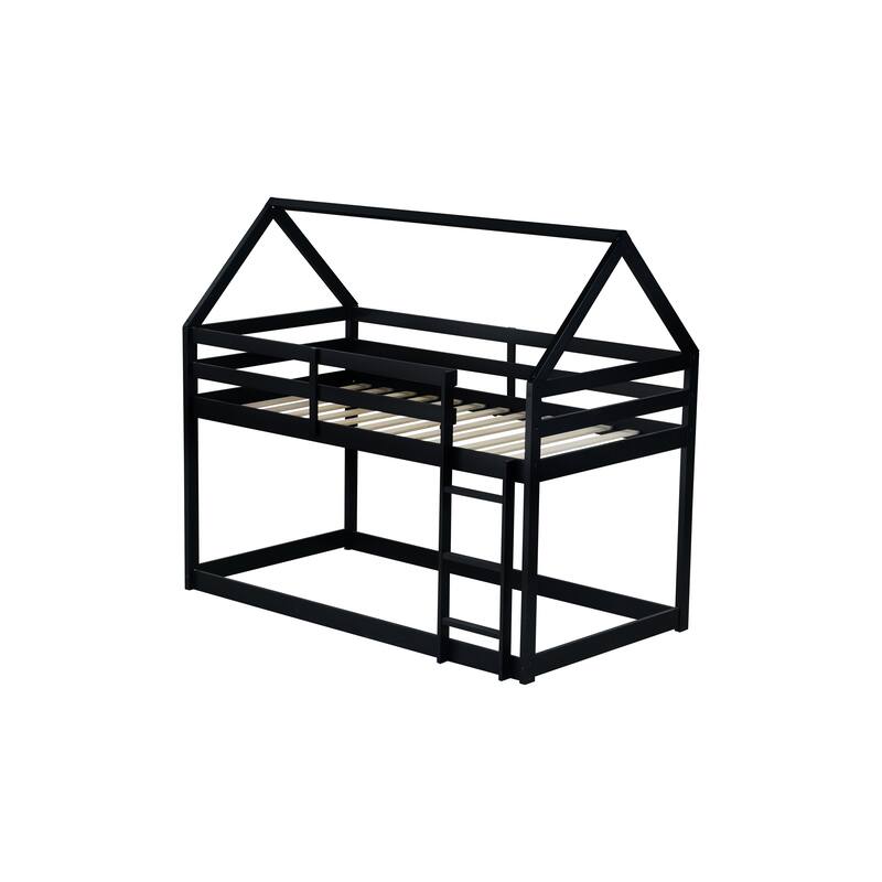 Wood Twin Size House Bed Solid Wood Low Floor Bunk Bed Frame with ladder, Guardrails