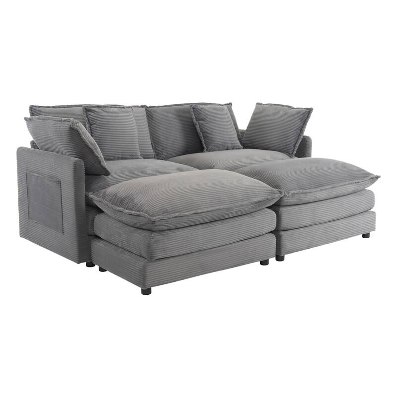 Corduroy Loveseat Set with Movable Ottoman 4 Seater Corner Sofa, Upholstered Deep-seat Couch wCushions and 4 Pillows