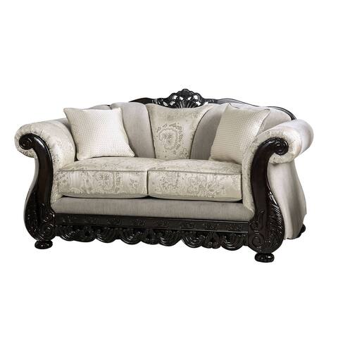 Chenille Love Seat with Wood Trim Design in Ivory
