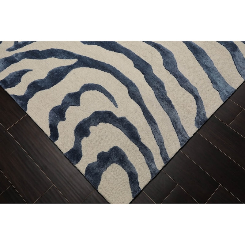 Hand Made Wool Silk Animal Print Oriental Area Rug Blue Color