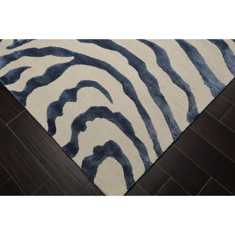 Hand Made Wool & Faux Silk Animal Print Modern Oriental Area Rug Blue