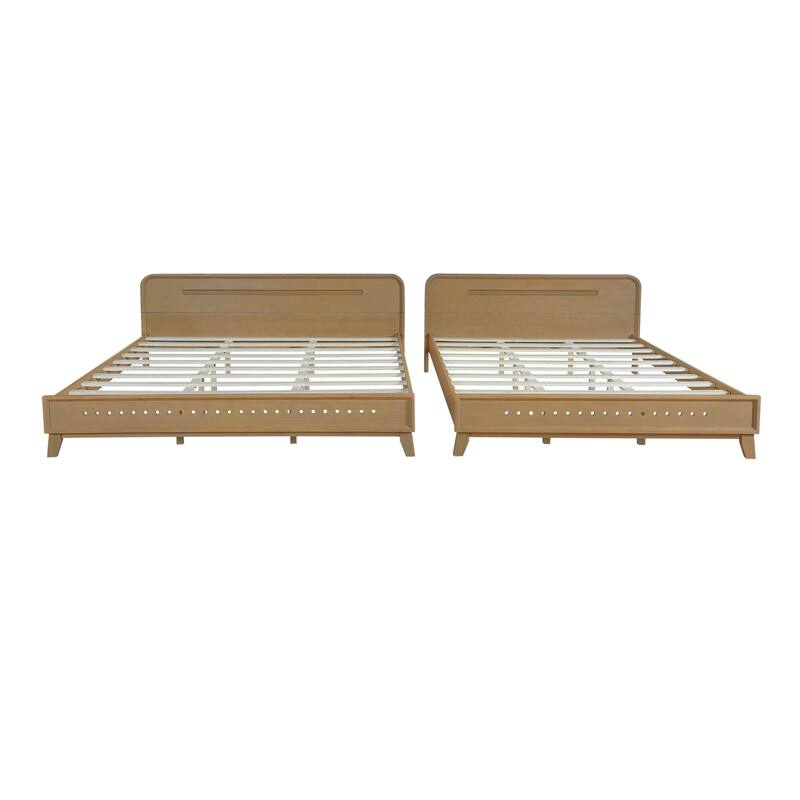 Rustic Pine Wood Bed Frame Low-Profile Platform Bed with Panel Headboard Solid Wood Slat Support and Extra Wide Thickened Legs