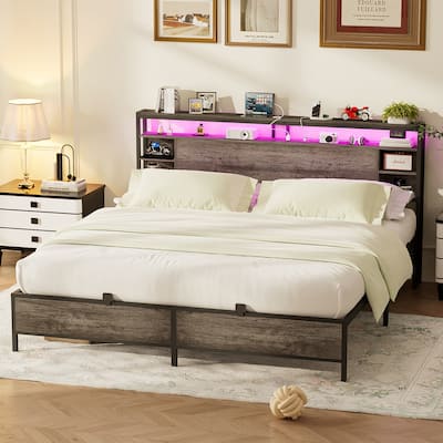 Bed Frame with Charging Station and RGB LED Lights, Sturdy Platform Bed with Storage Headboard,