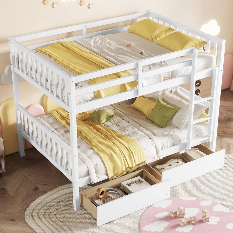 full Over full Rubber Wood Bunk Bed with 2 Drawers, Convertible into 2 full Beds