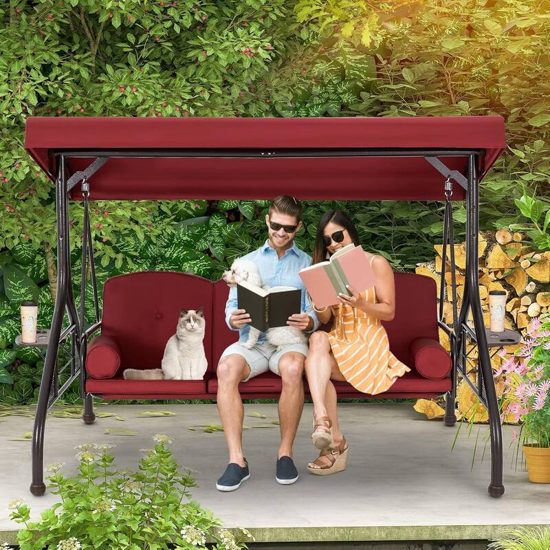 Outdoor 3-Seat Porch Swing with Adjustable Canopy & Cup Holder,Porch Swing Glider Chair, Heavy-Duty Steel Frame