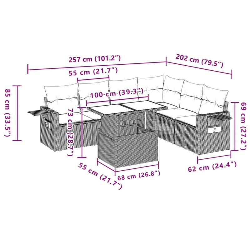 vidaXL Patio Sofa Set with Cushions Outdoor Furniture 7 Piece Poly Rattan - 21.7 x 39.4 x 28.7