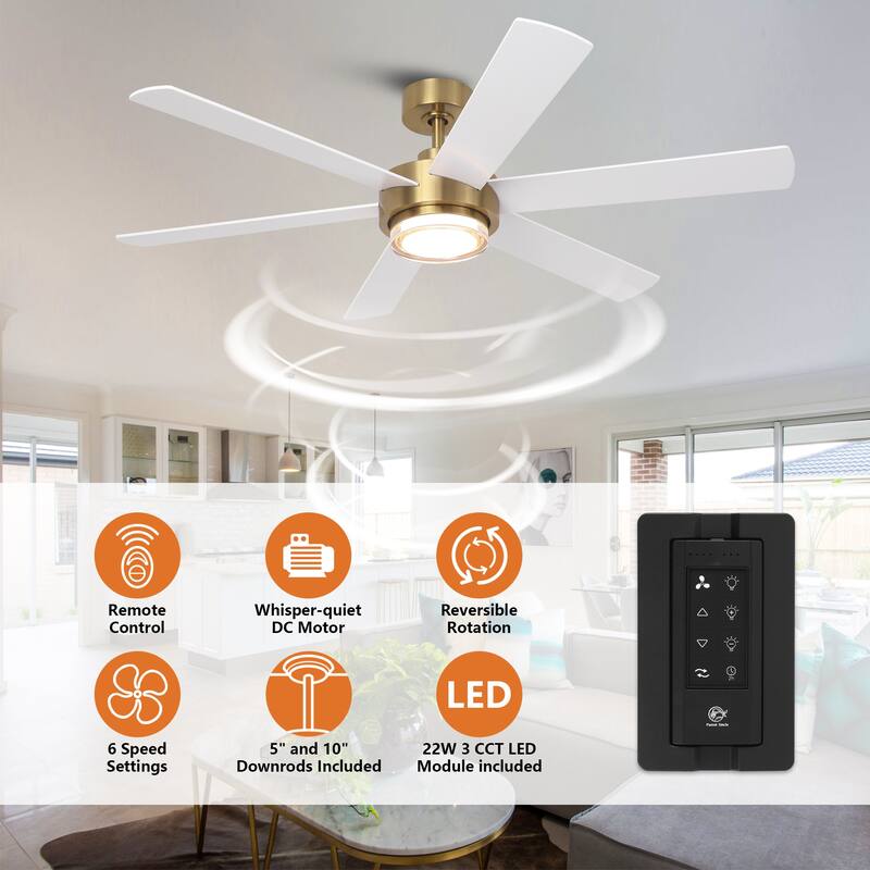 54" Gold Plywood Modern Dimmable Ceiling Fan with Light and Remote