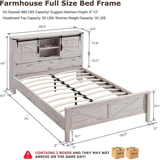 Farmhouse Full Size Bed Frame with Storage Shelves & Charging Station