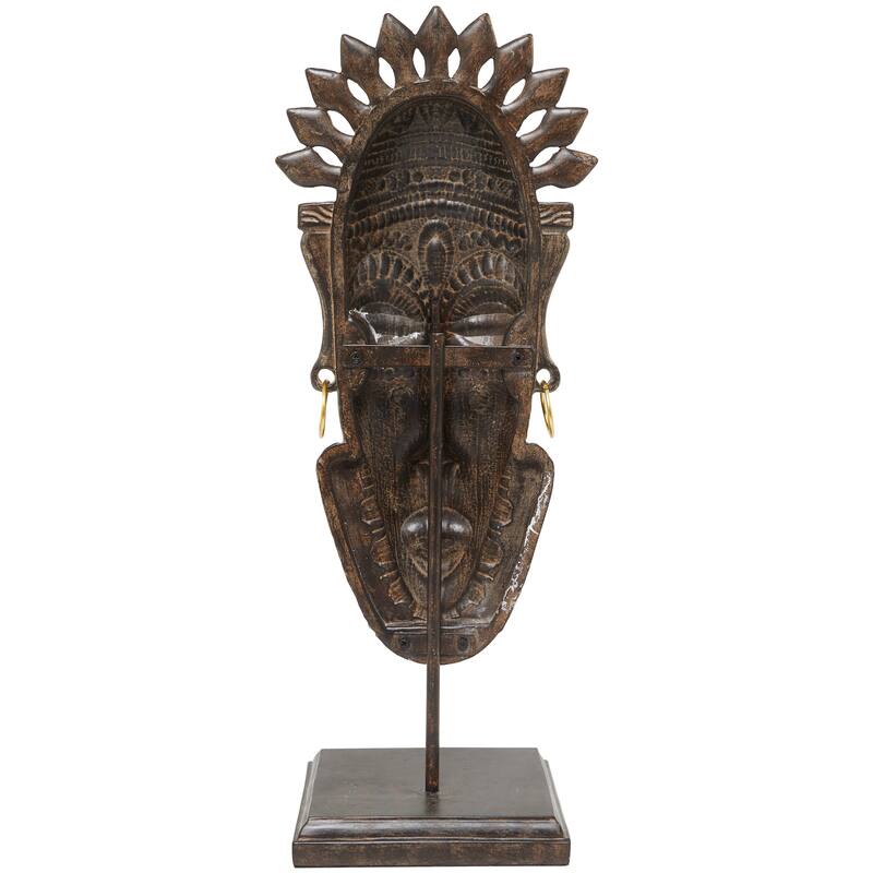 Brown Polystone Primitive African Mask and Standing African Woman Sculpture Wall Decor