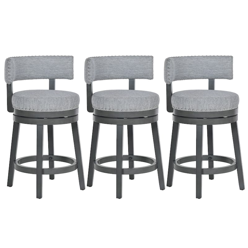 Modern Velvet Swivel Bar Stool - 25" or 30" Counter Height with Adjustable Footrest & Walnut Base, for Kitchen Islands - Set of 3 - Grey - Counter Height