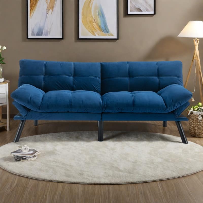 70.87" Leather-Feel Convertible Sofa Bed with Adjustable Backrest - Navy Blue
