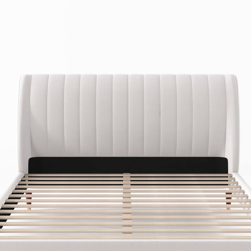 Beige Low Profile Upholstered Platform Bed with Wingback Headboard