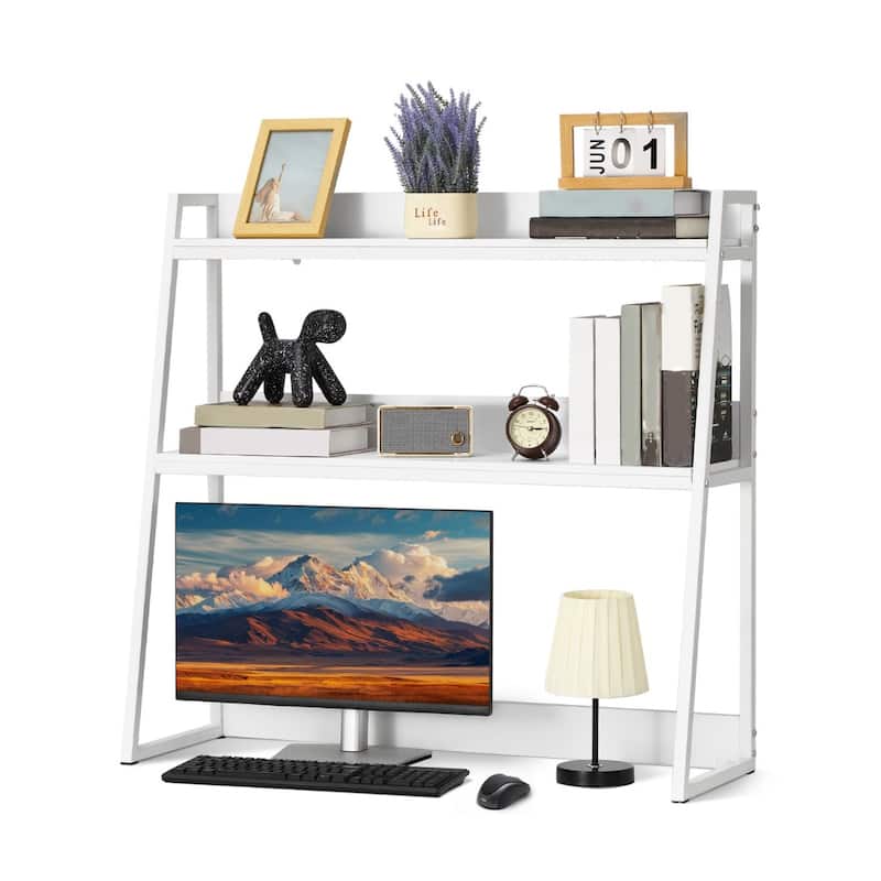Particle Board Desktop Bookshelf Hutch, 2 Shelves, Anti-Slip Feet Pads - 37.4" L x 12.6" W x 35.4" H