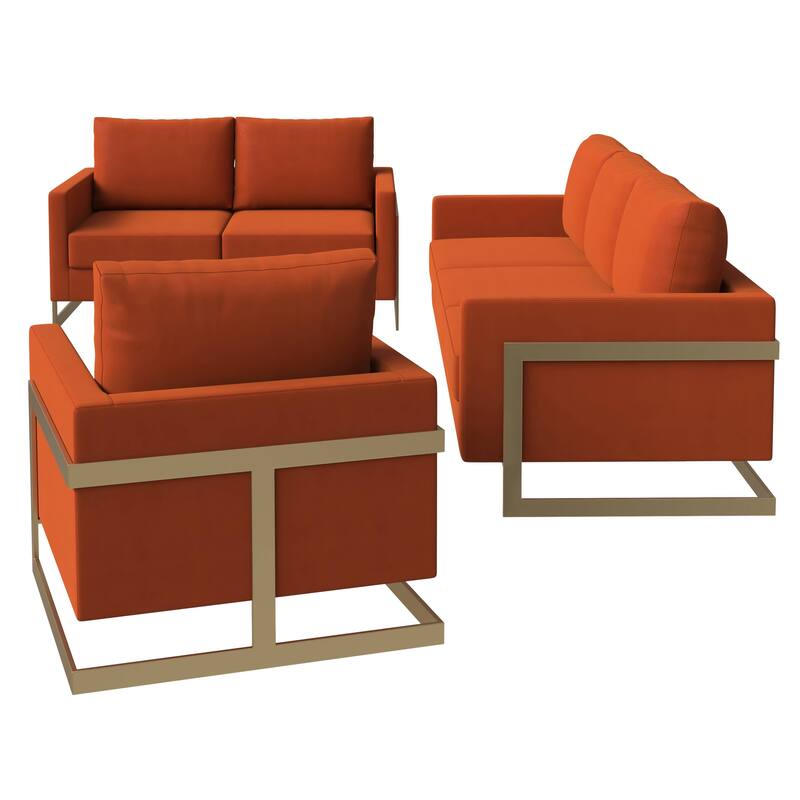 3-Piece Velvet Sofa Set with Gold Stainless Steel Base and Removable Cushions
