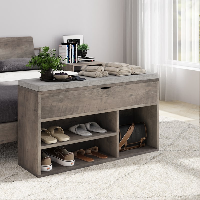 Shoe Storage Bench with a Cushioned Seat and 2 Tiers of Shelves - Grey