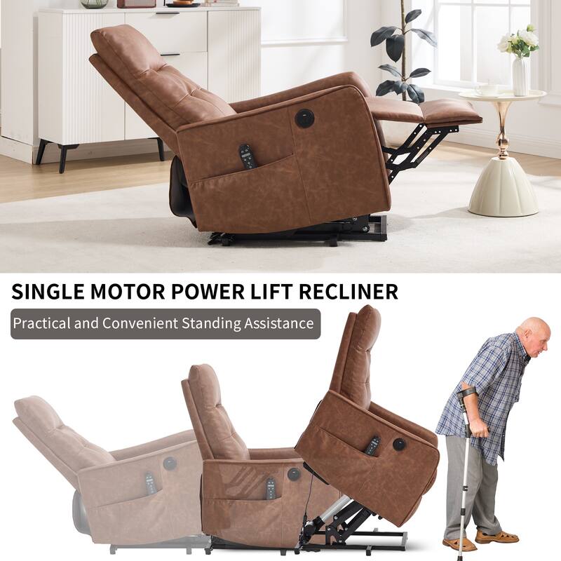 PU Leather Recliner with Single Motor Lift Massage Heat and 155 Degree Recline
