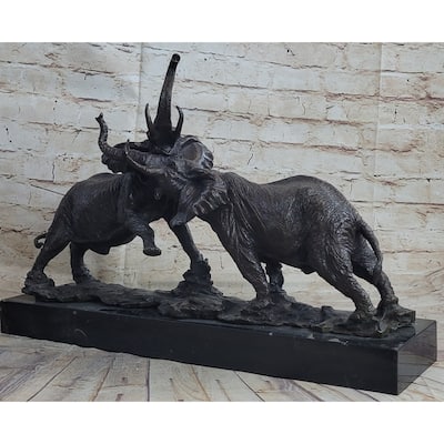 Imitative Elephants In Battle Bronze Sculpture Hot Cast Marble Base Figurine Wild Life Art