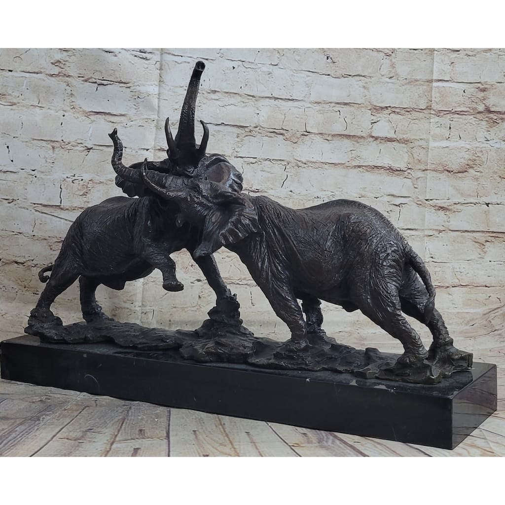 Imitative Elephants In Battle Bronze Sculpture Hot Cast Marble Base Figurine Wild Life Art